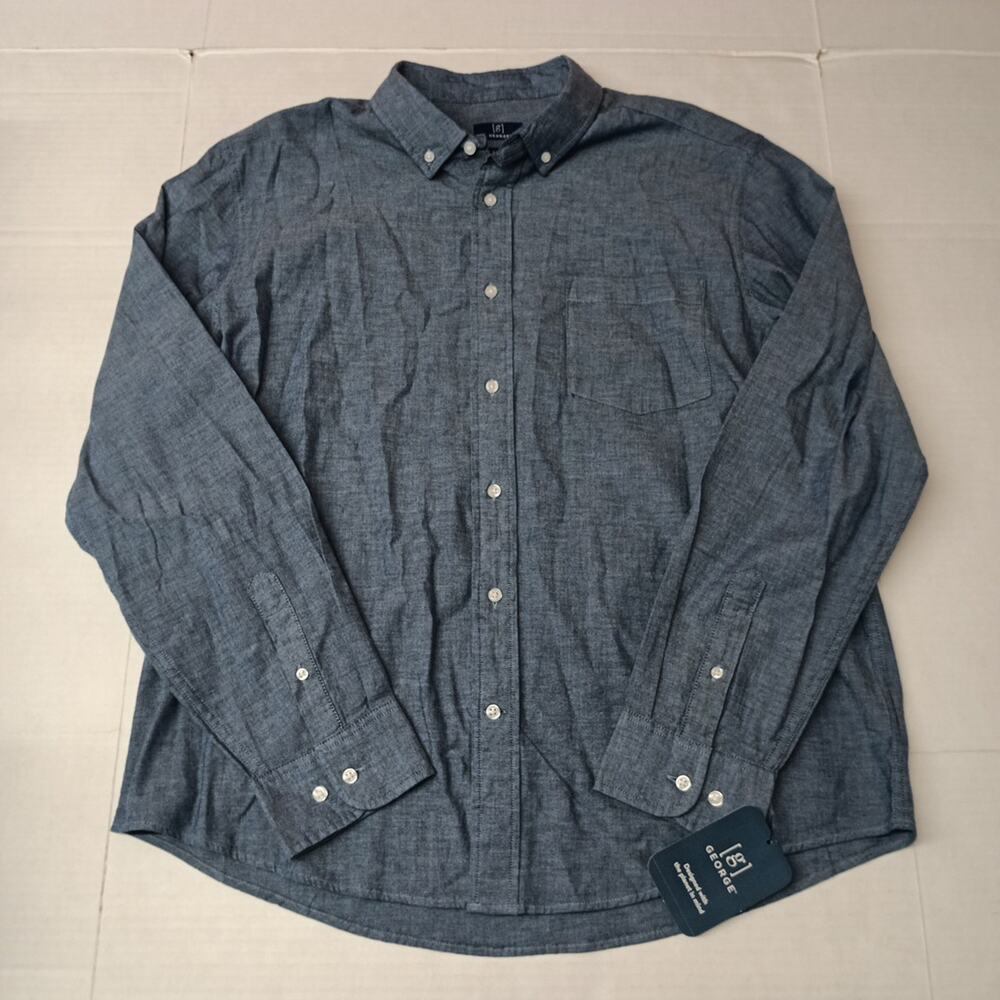 George Poplin Button Down Shirt Men's XL (46-48) Blue Classic Fit Cotton Blend